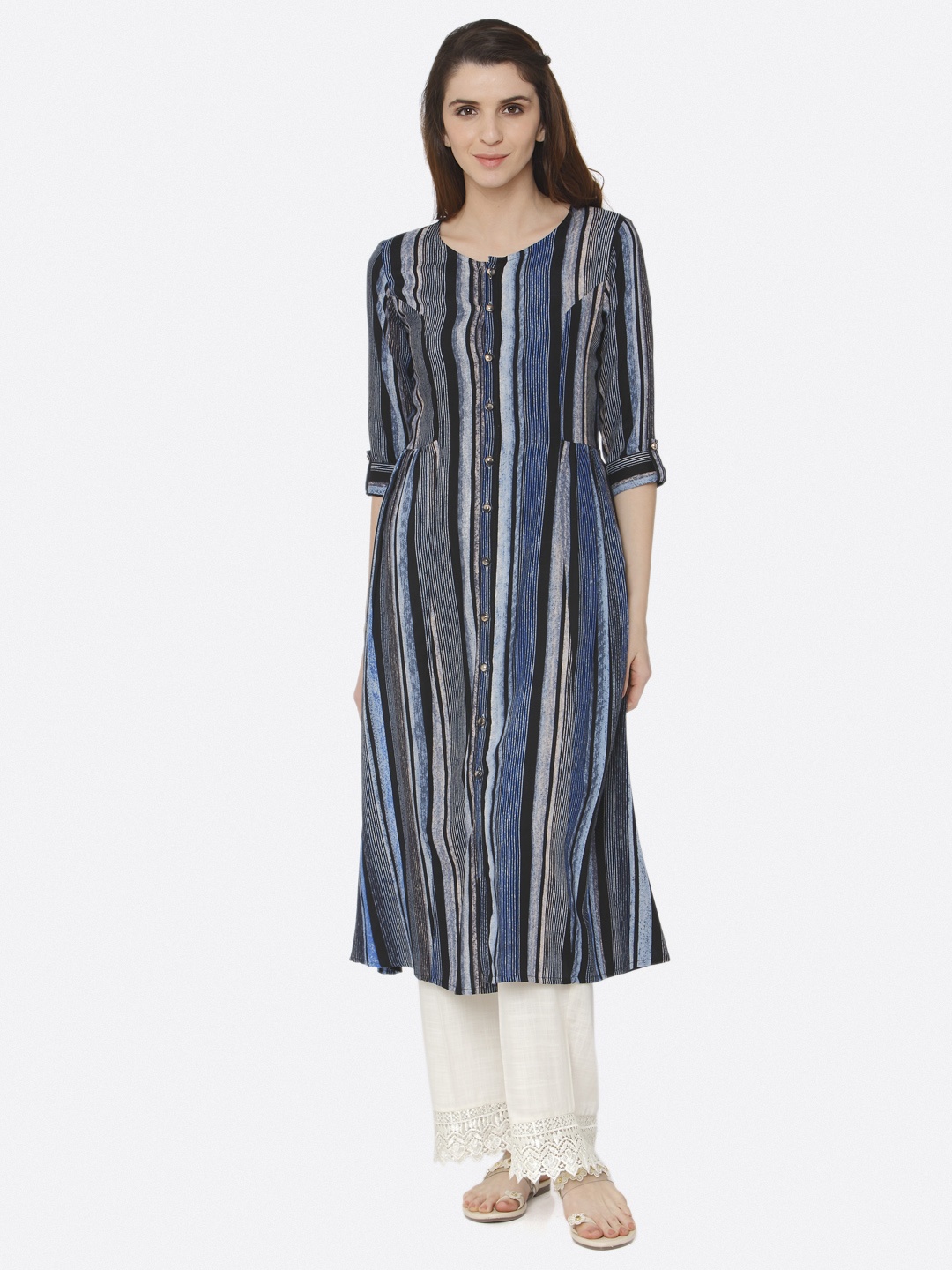 

shiloh Women Blue Striped Kurta with Palazzos