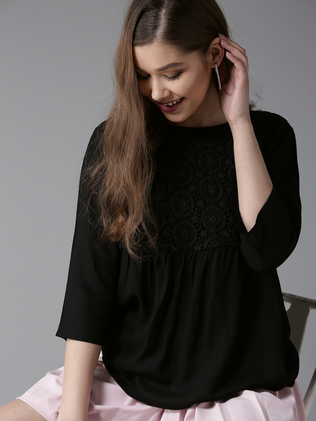 

HERE&NOW Women Black Self Design Styled Back Top