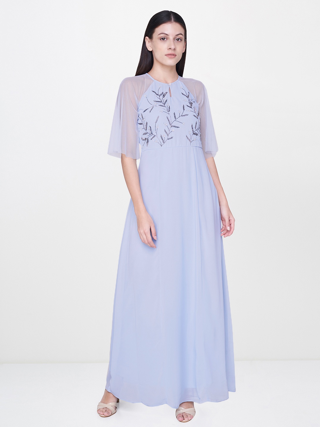 

AND Women Blue Solid Maxi Embellished Dress