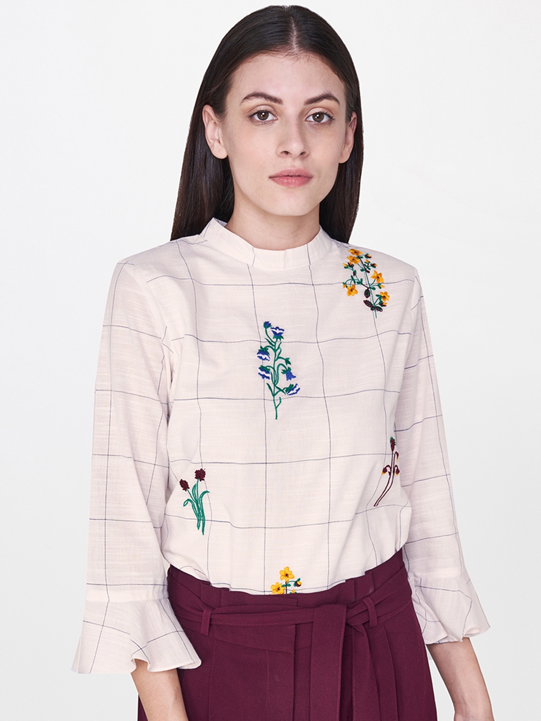 

AND Women Peach-coloured & Black Checked Pure Cotton Top