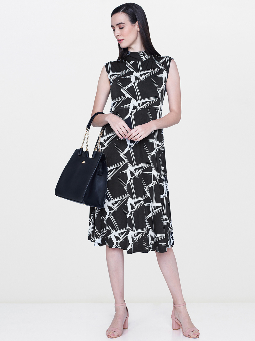 

AND Women Black & White Printed A-Line Midi Dress
