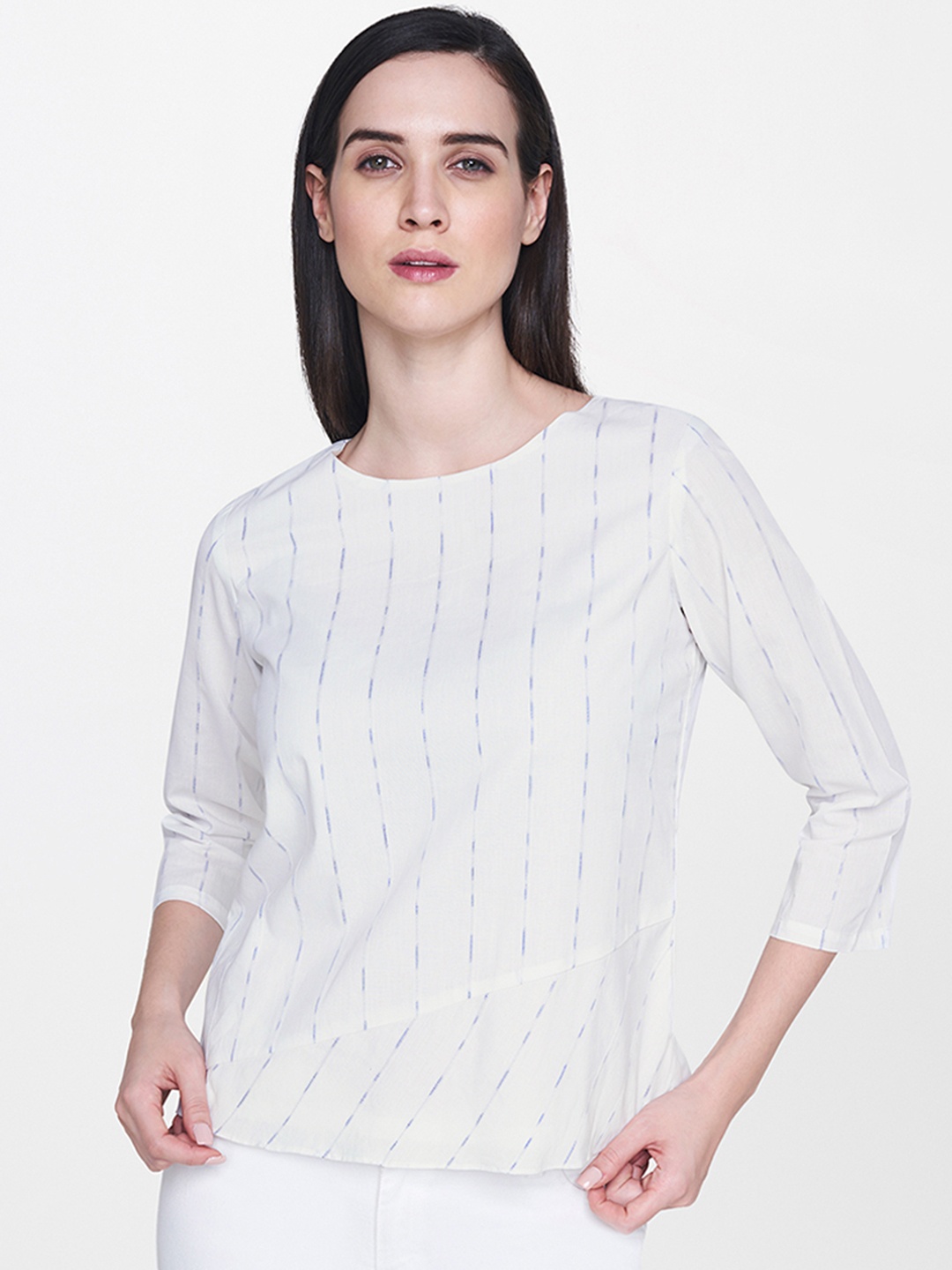

AND Women White & Blue Self Design Semi-sheer Top