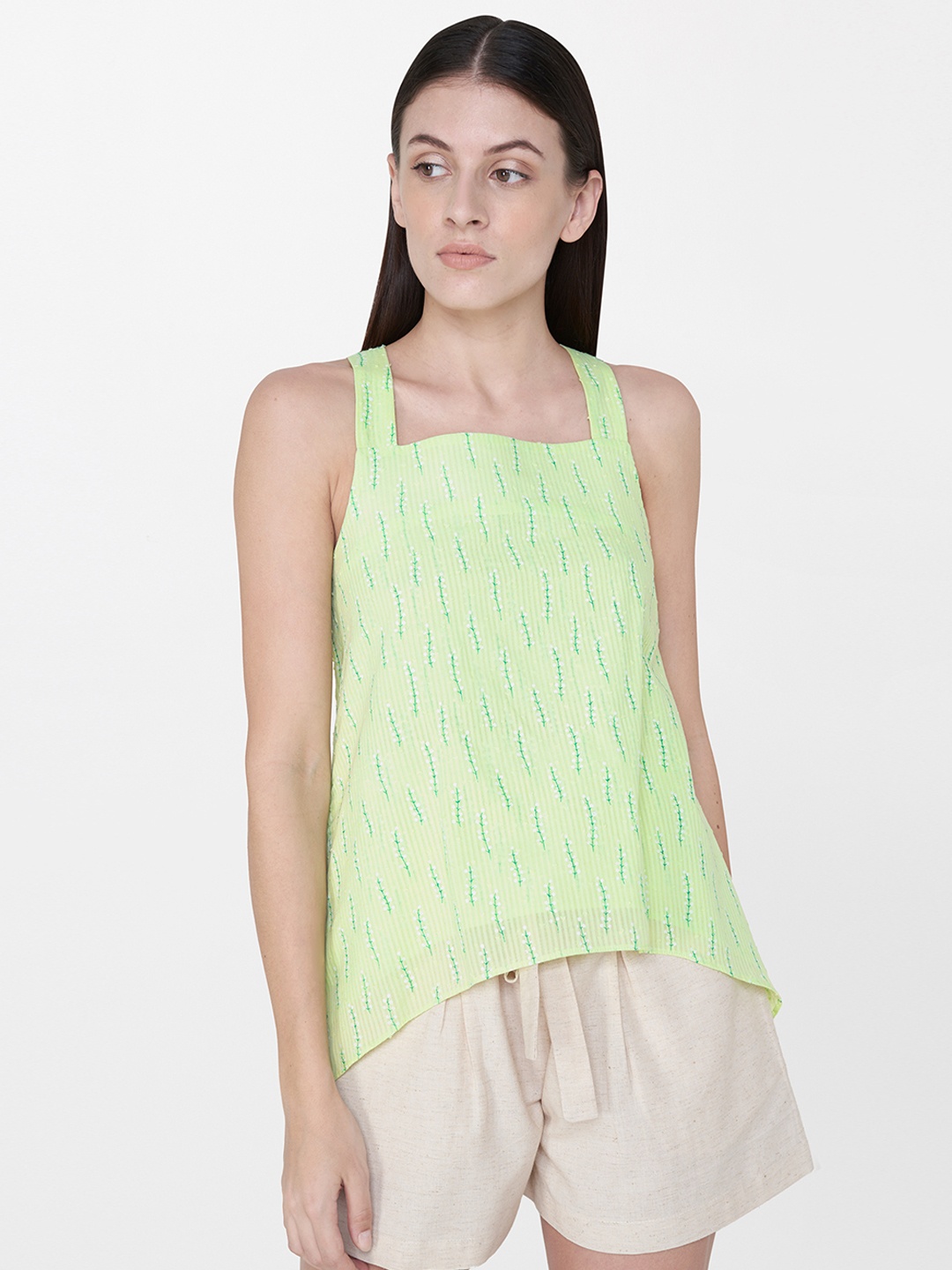 

AND Women Green Self Design Styled Back Pure Cotton Top