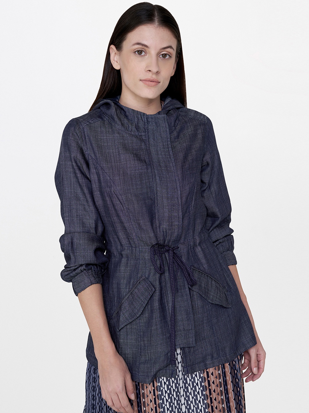 

AND Women Blue Solid Tailored Shacket