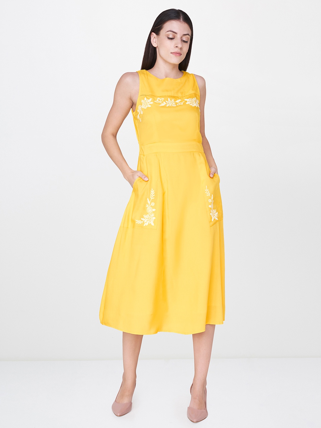 

AND Women Yellow Embroidered A-Line Dress
