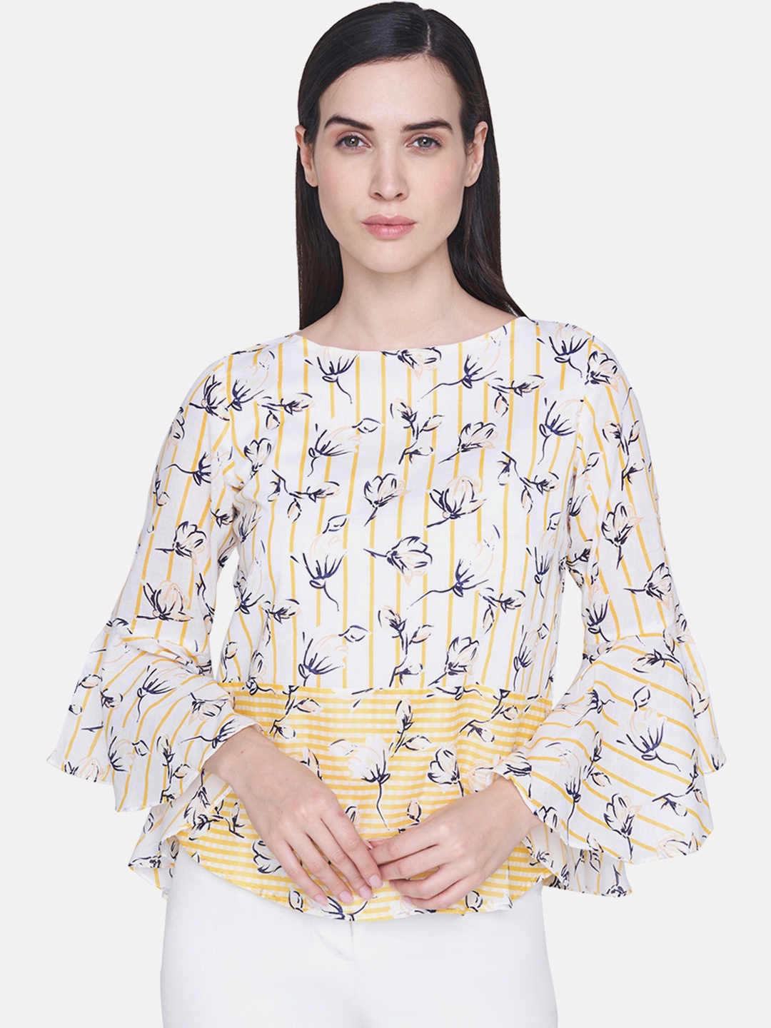 

AND Women White & Navy Blue Printed Top
