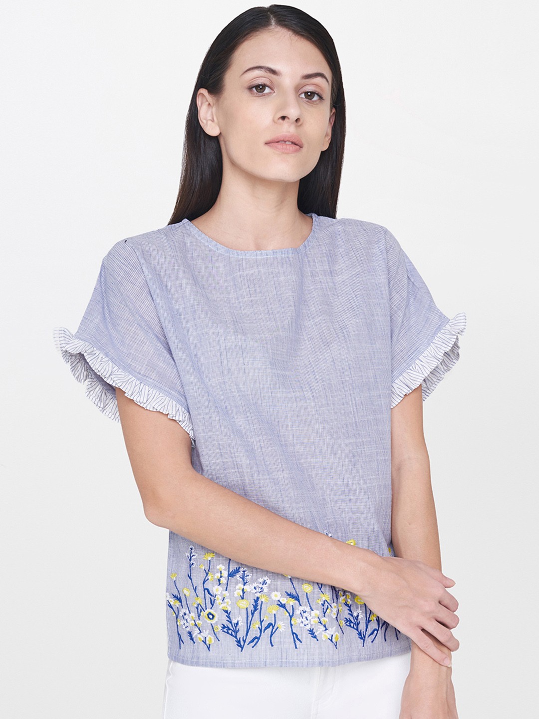 

AND Women Blue Printed Pure Cotton Top