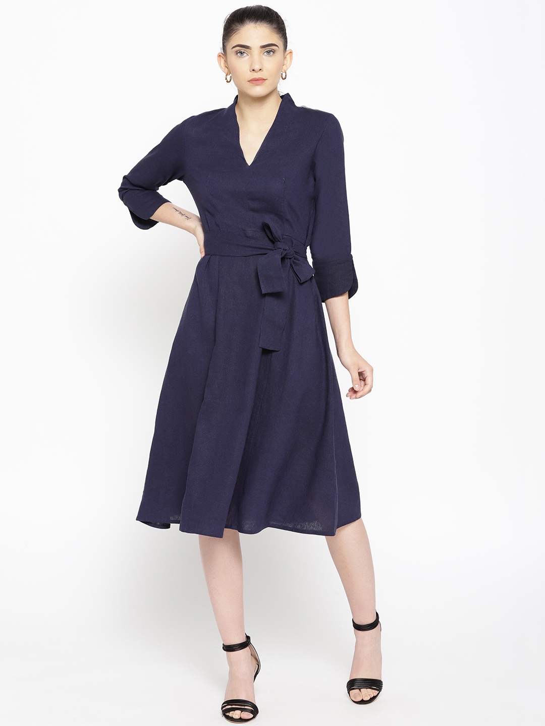 

AND Women Navy Blue Solid A-Line Dress