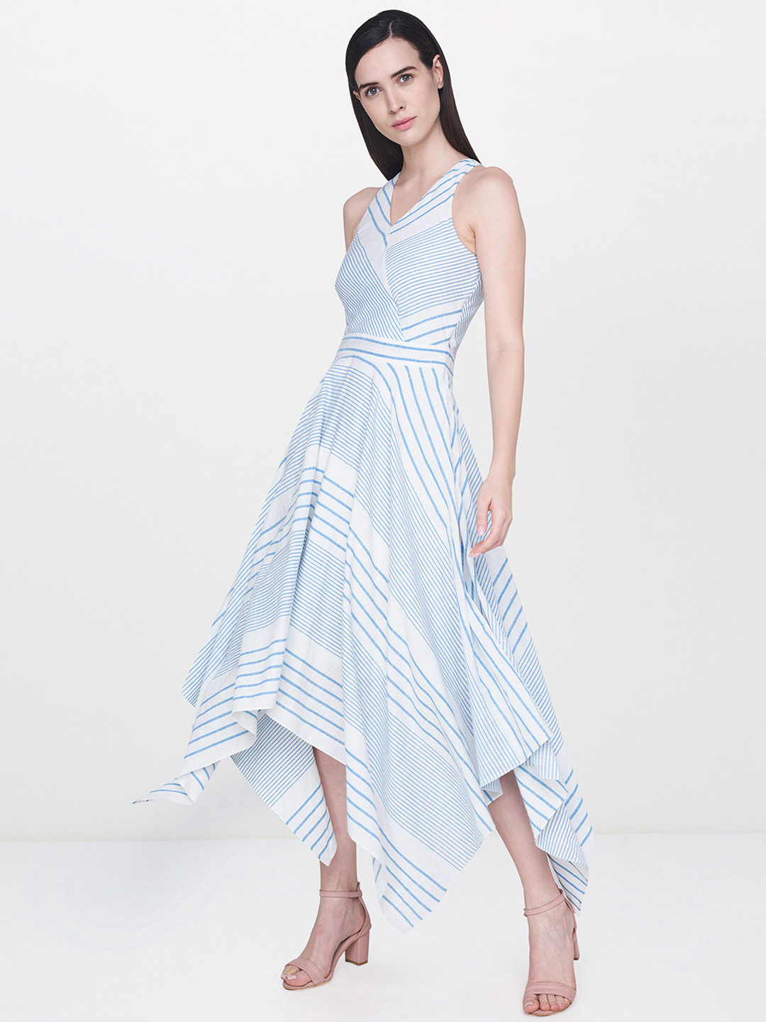 

AND Women White & Blue Striped A-Line Dress