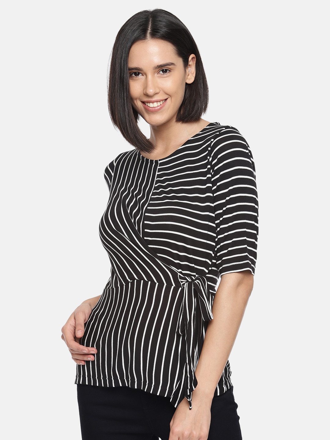 

AND Women Black & White Striped Cinched Waist Pure Cotton Top