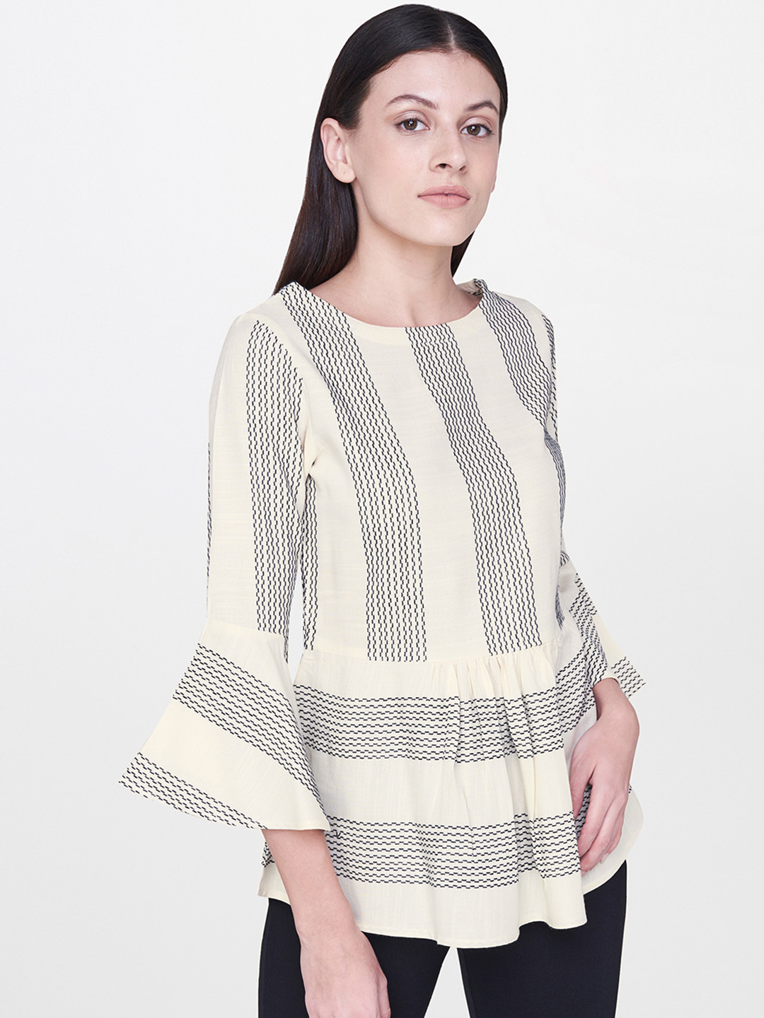 

AND Women Off-White Striped A-Line Top