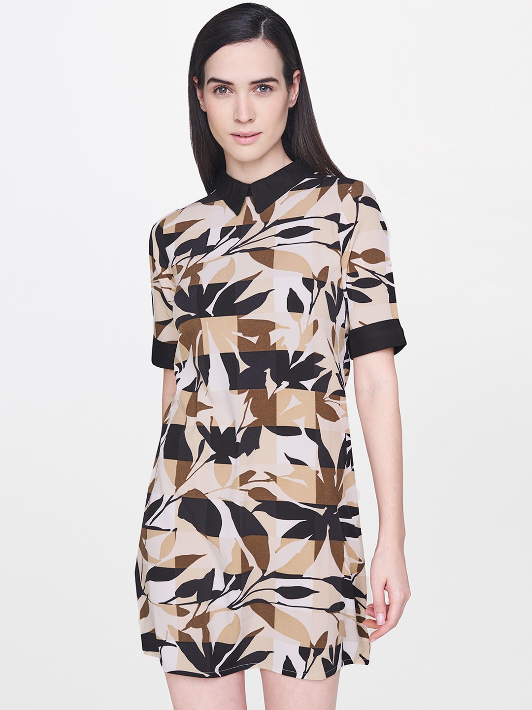

AND Women Beige & Black Printed Sheath Dress