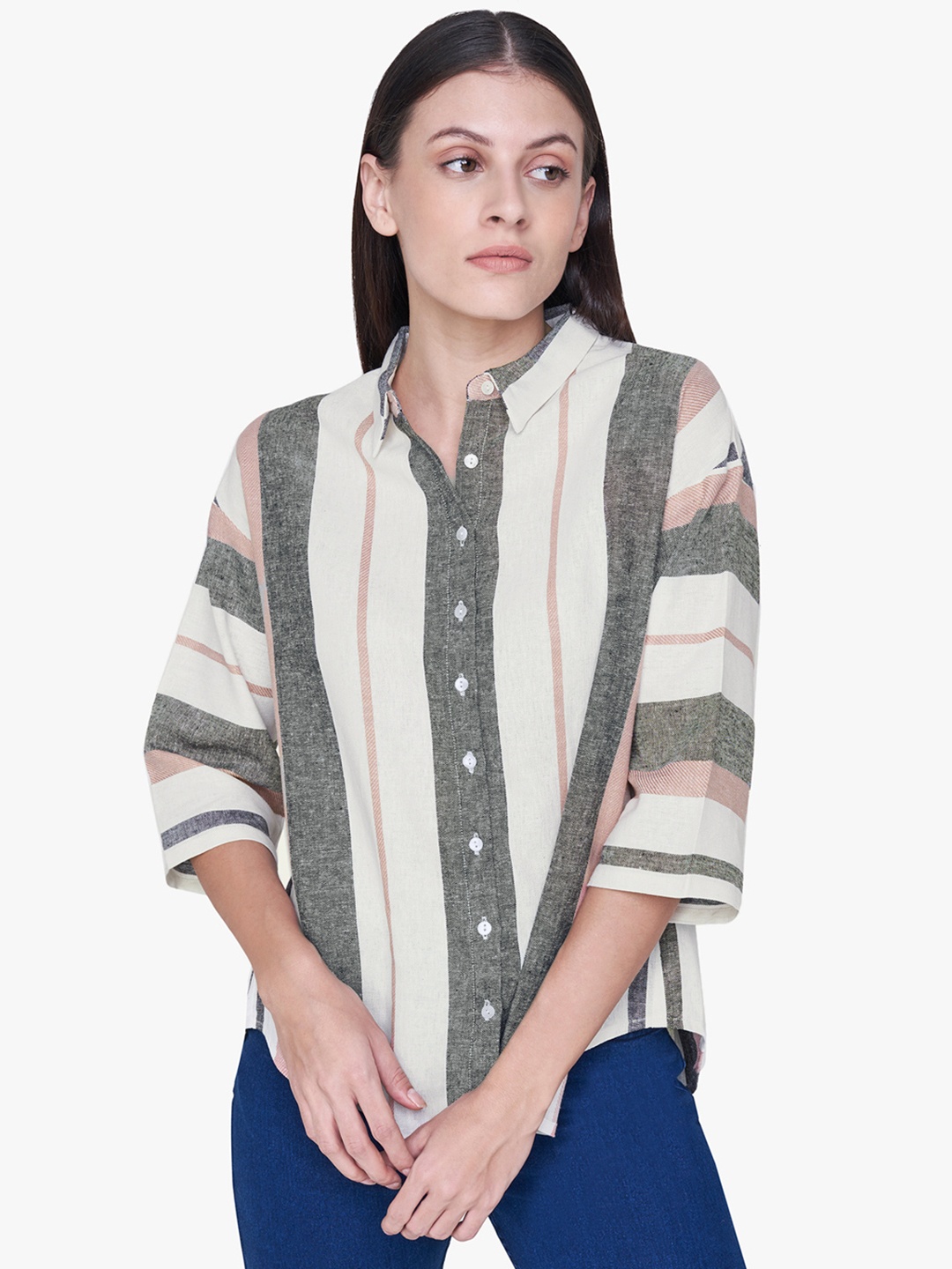 

AND Women Off-White & Black Boxy Striped Casual Shirt