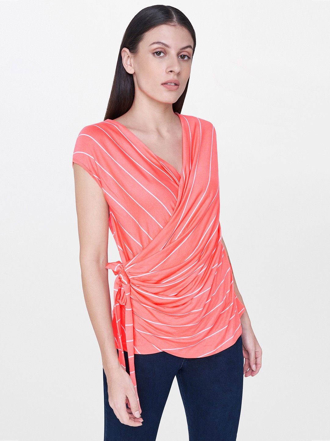 

AND Women Coral Striped Wrap Top