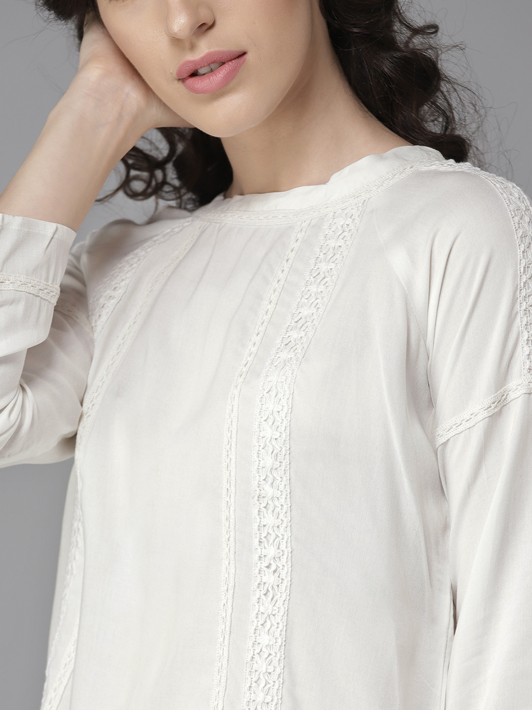 

Moda Rapido Women Off-White Solid Lace Inserts A-Line Top