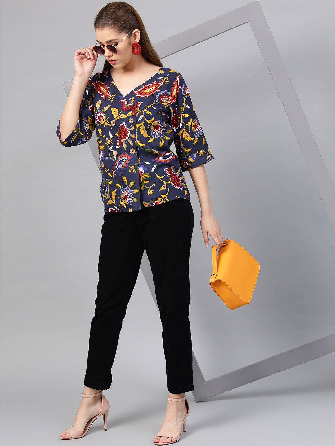

Athena Women Navy Blue Printed Wrap Pure Cotton Top