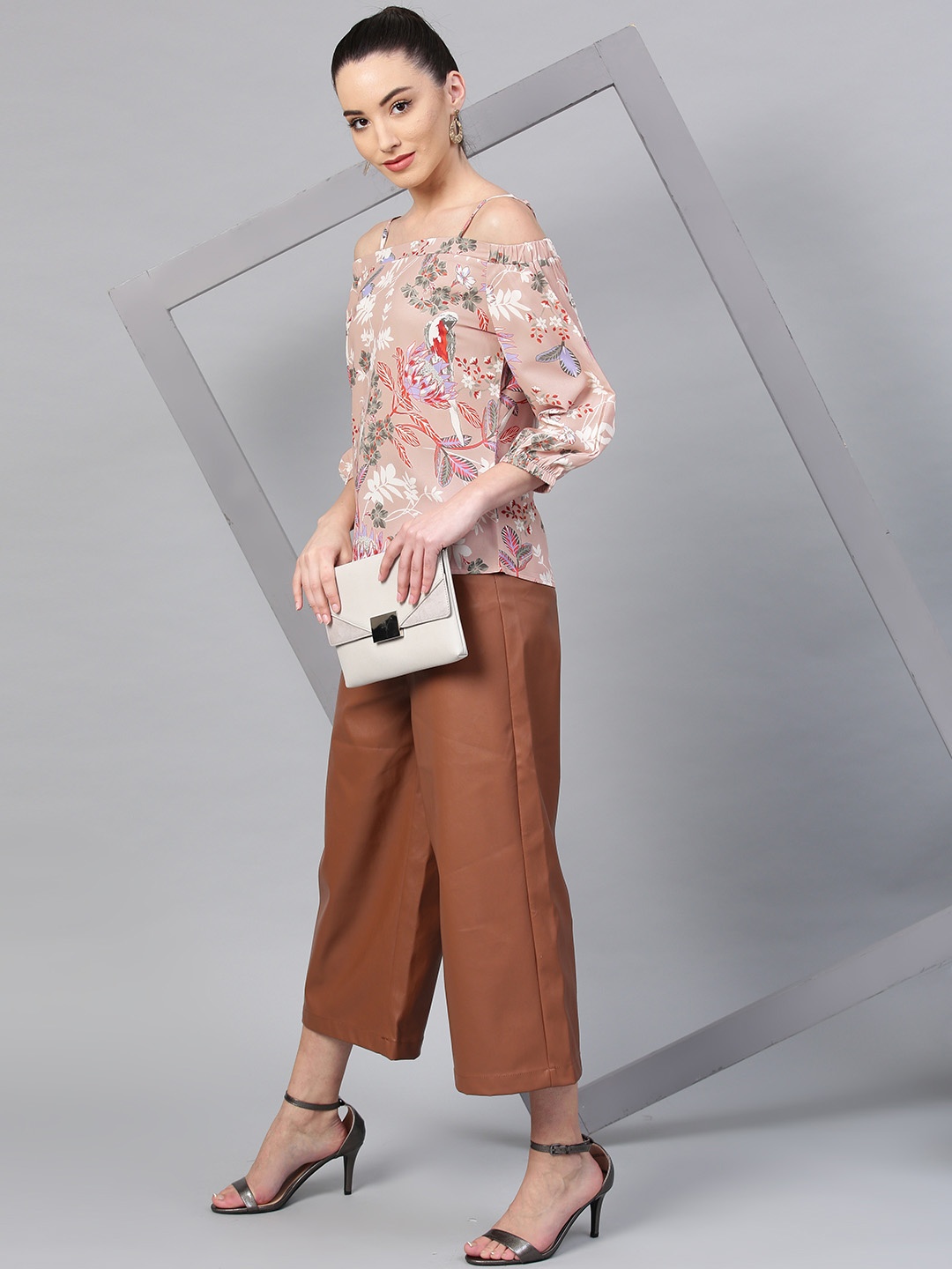 

Athena Women Peach-Coloured Printed Bardot Top
