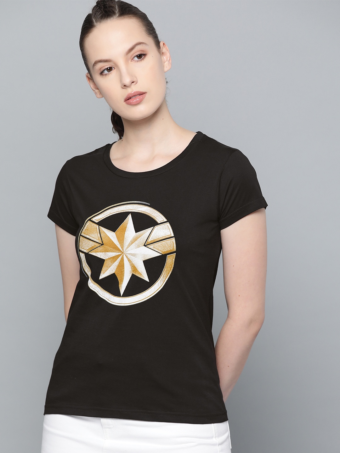 

Kook N Keech Marvel Women Black Beige Printed Round Neck Pure Cotton T-shirt