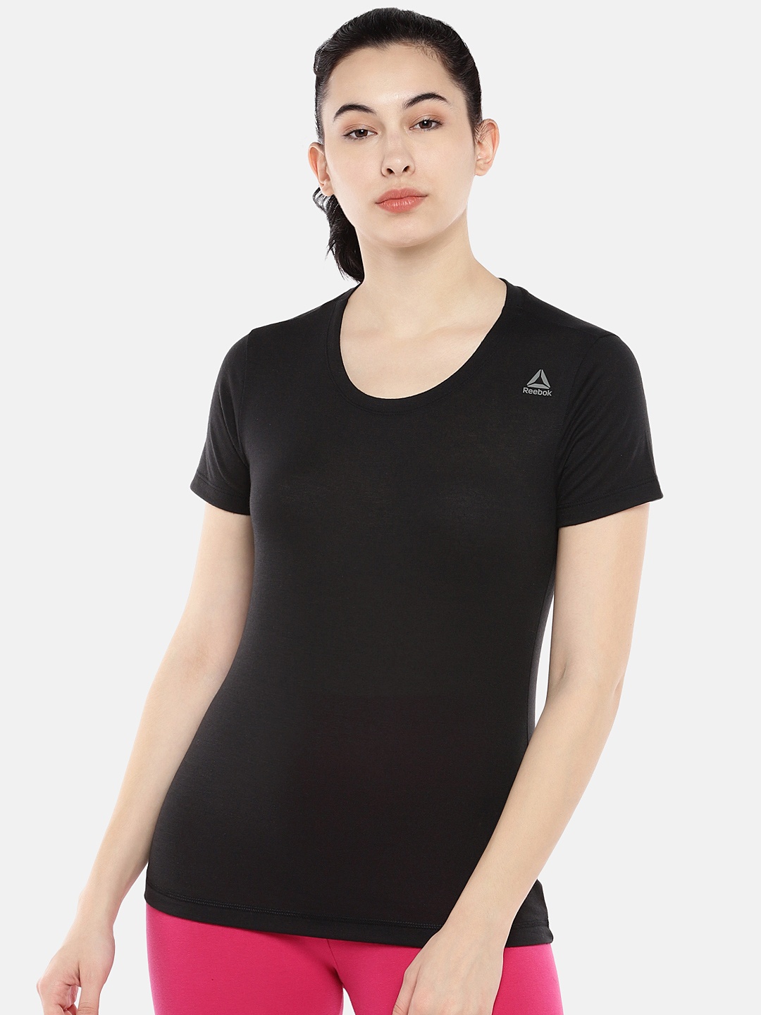 

Reebok Women Black Solid Round Neck Star Training T-shirt