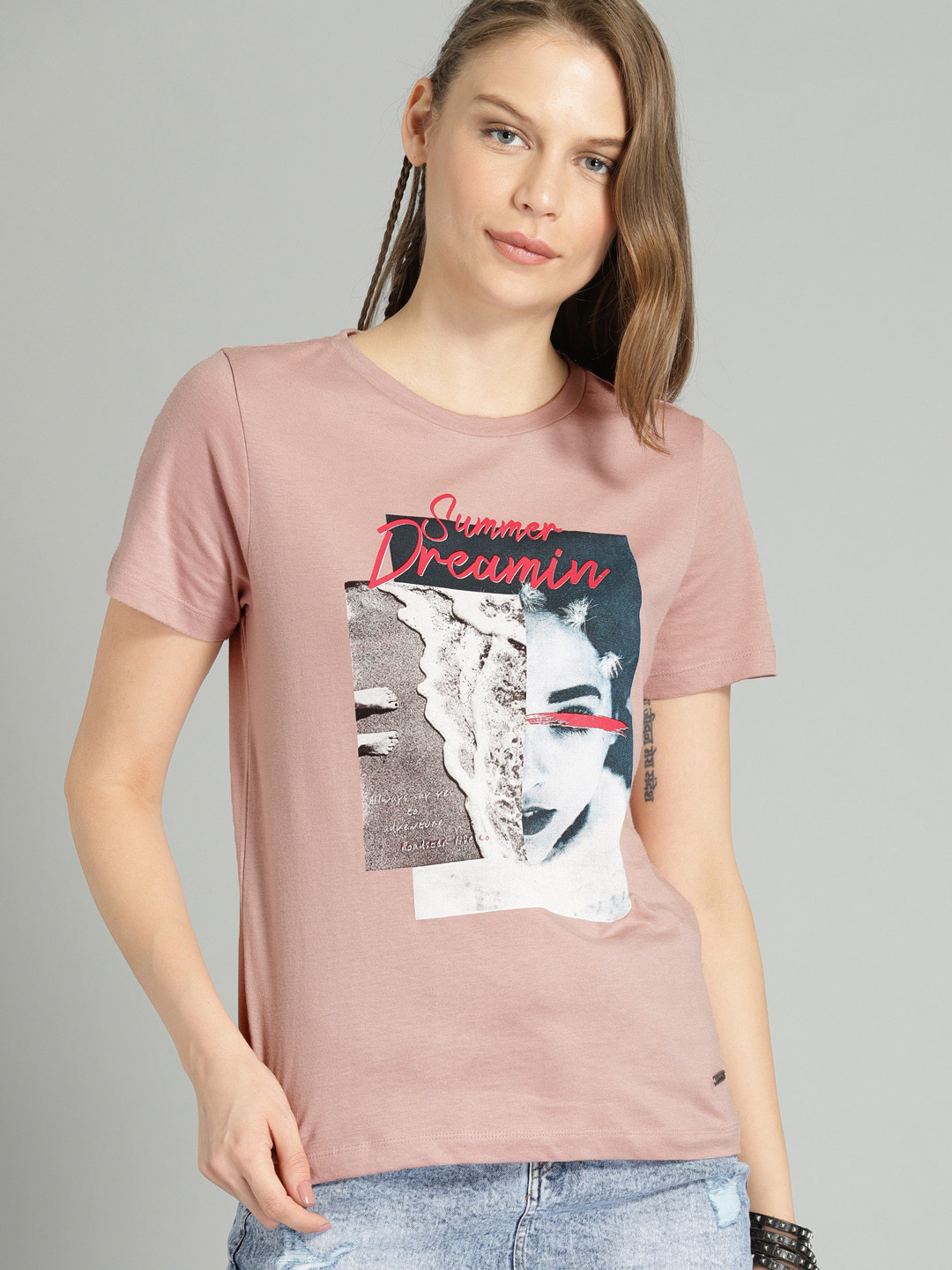 

The Roadster Lifestyle Co Women Pink Printed Round Neck Pure Cotton T-shirt