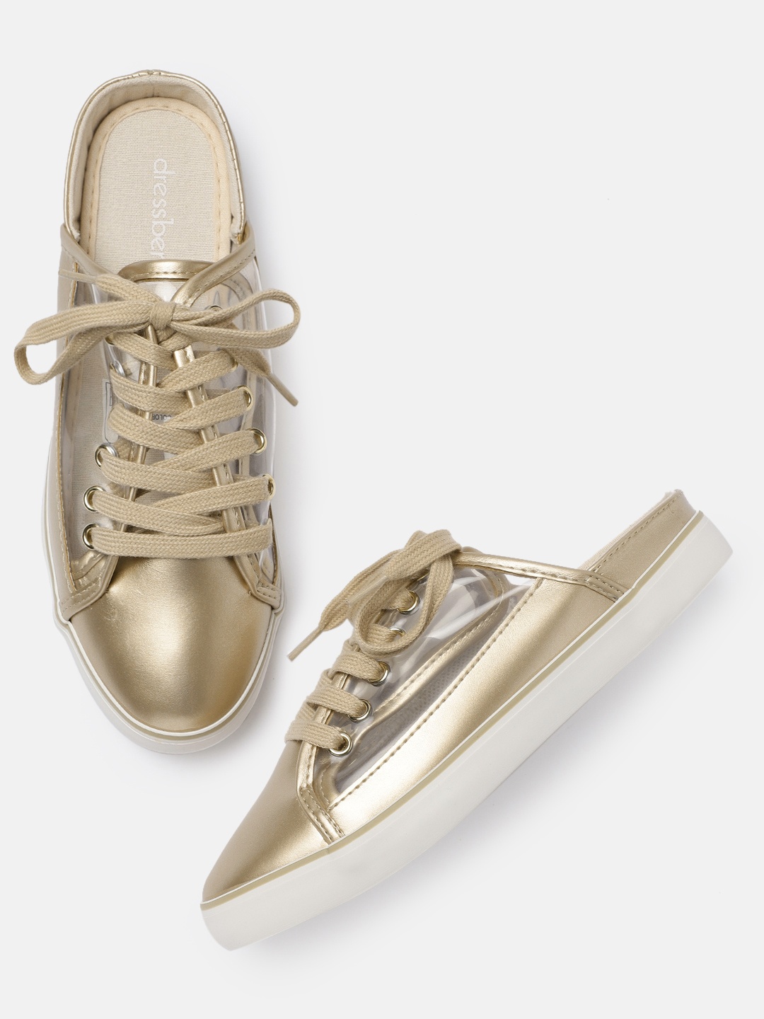 

DressBerry Women Metallic Gold-Toned Lace-Up Sneakers