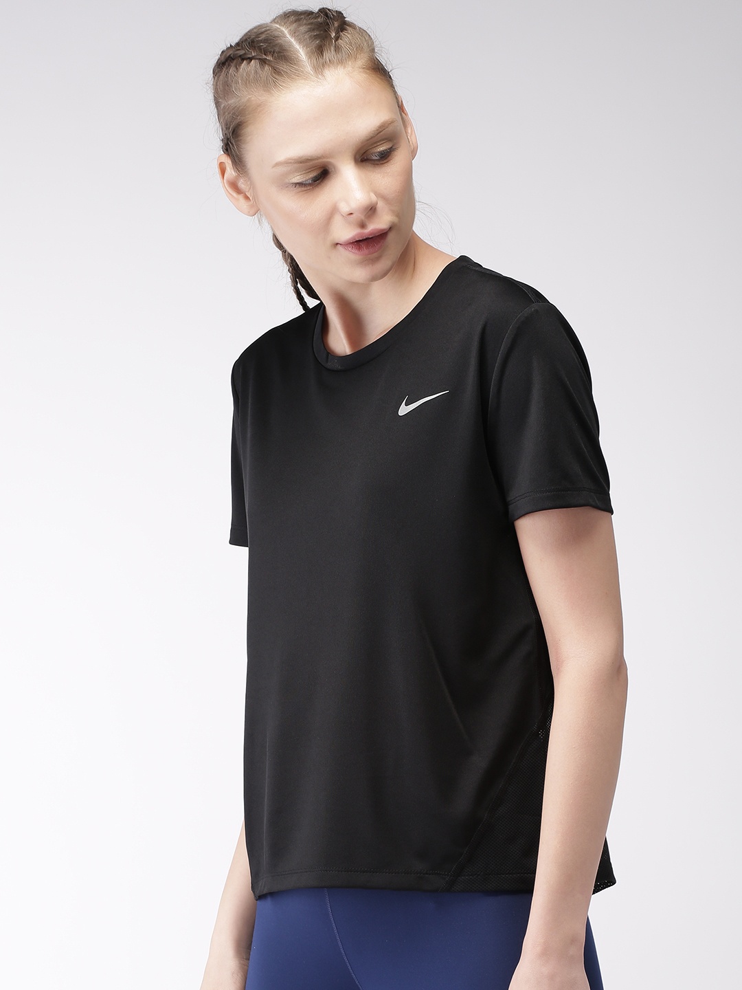 

Nike Women Black Solid DRI-FIT NK MILER Running Tshirt