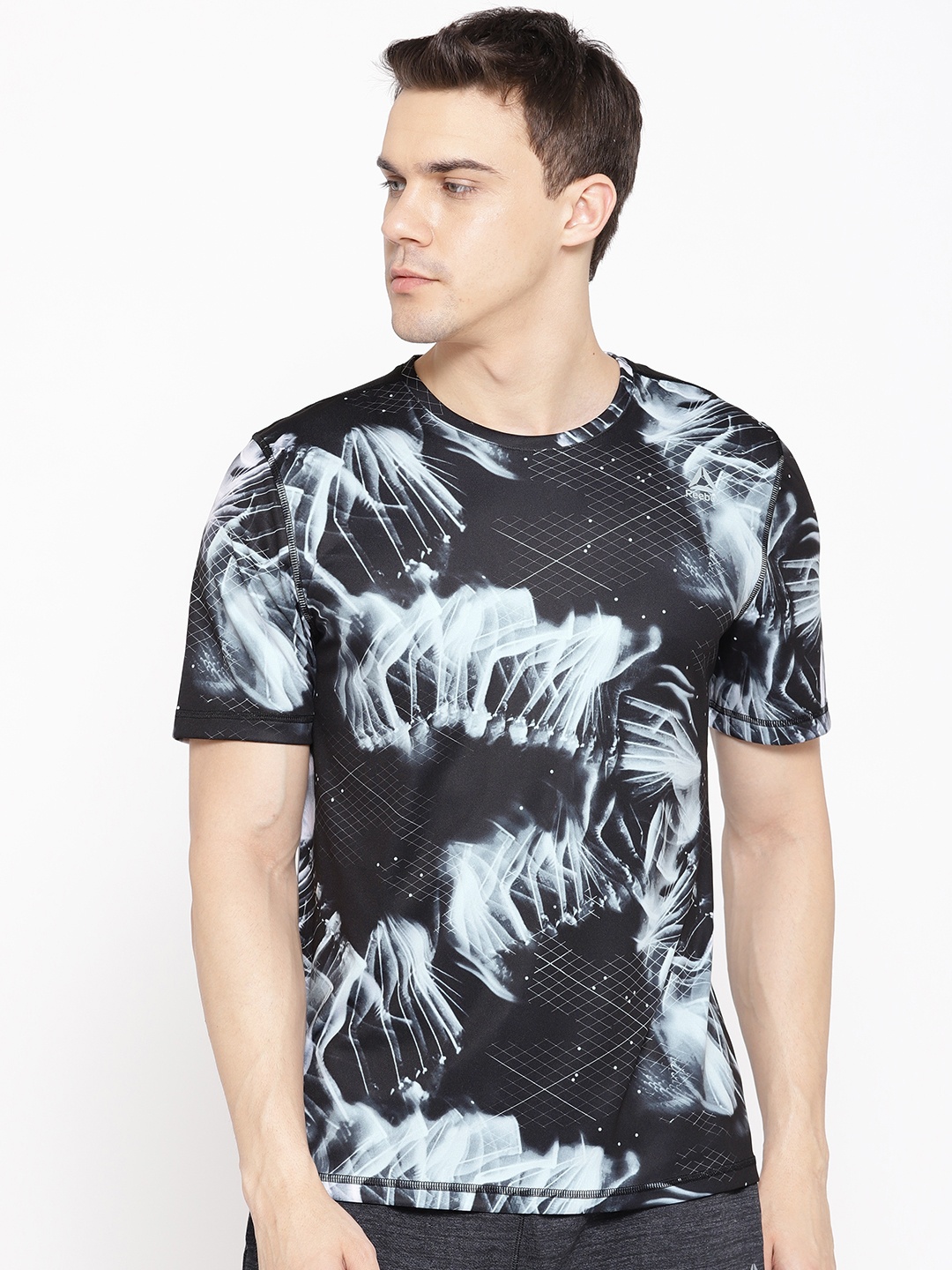 

Reebok Men Black and White Essentials Graphic Print Running T-shirt