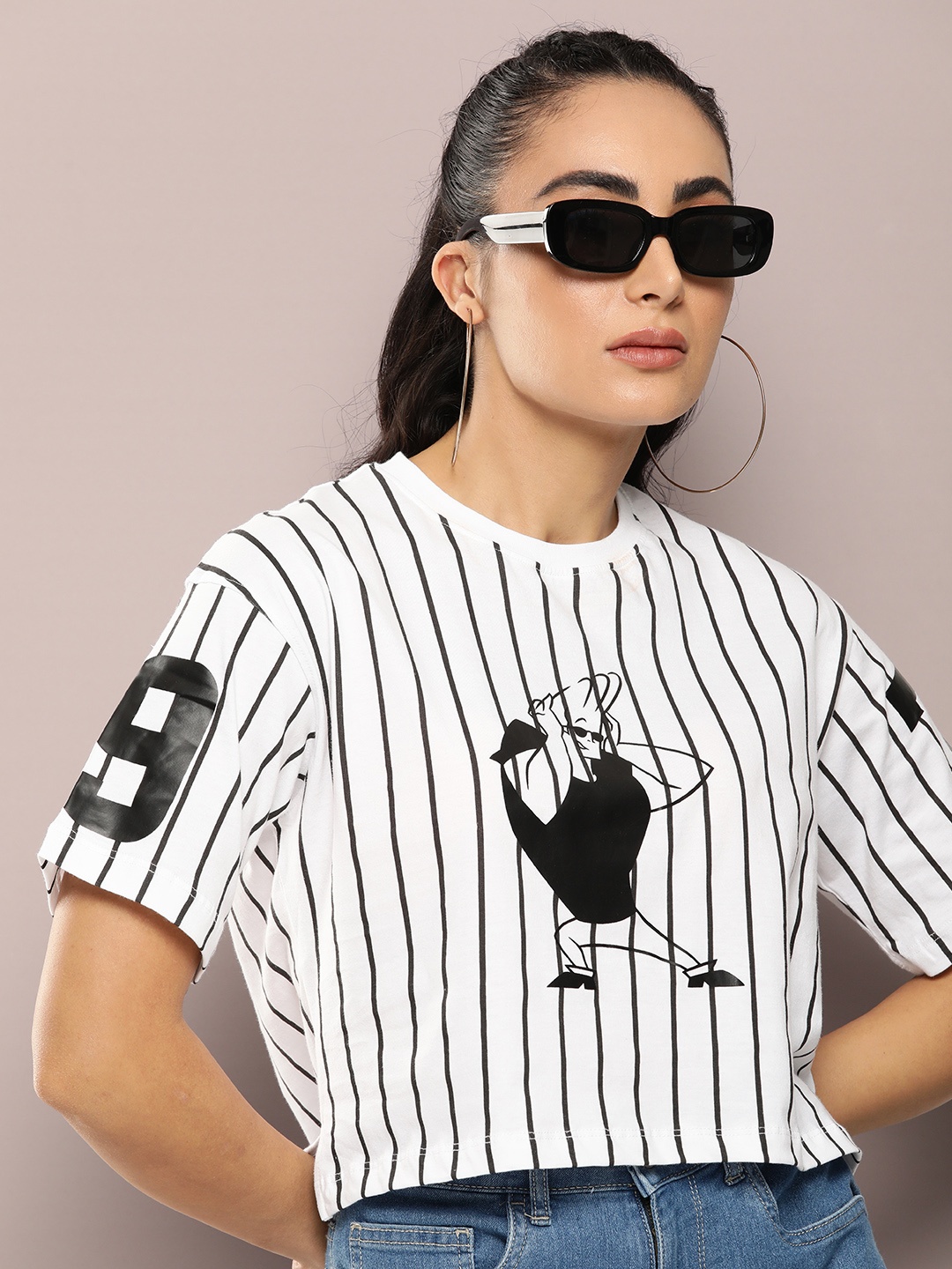 

Johnny Bravo by Kook N Keech Striped Drop-Shoulder Pure Cotton Crop T-shirt, White