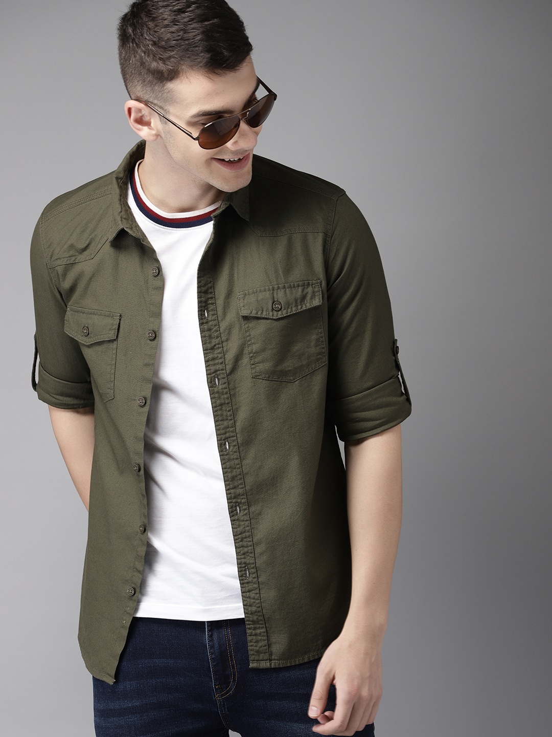 

HERE&NOW Men Olive Green Slim Fit Solid Casual Shirt