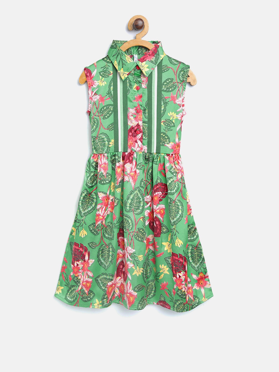

StyleStone Girls Green & Pink Printed Fit & Flare Dress