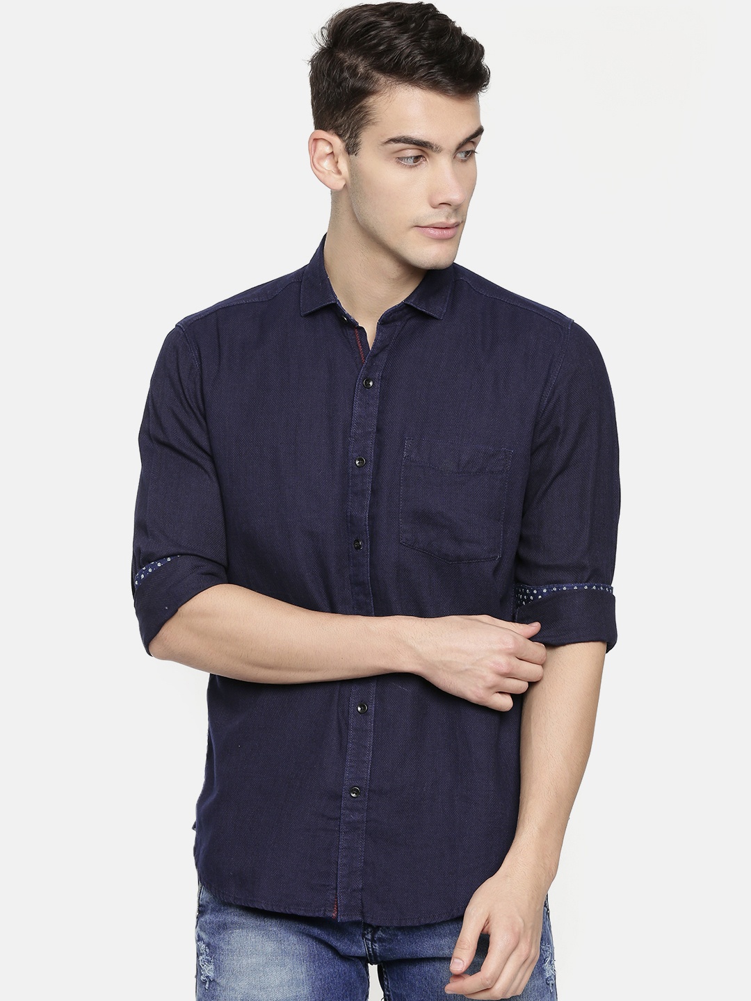 

John Players Men Navy Blue Trim Fit Self Design Casual Shirt