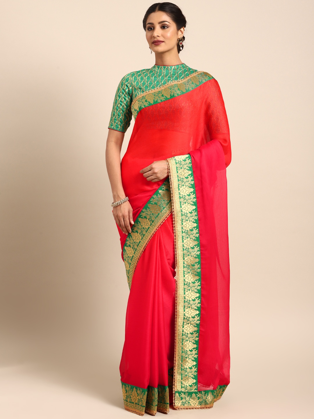 

Shaily Red Solid Pure Chiffon Saree