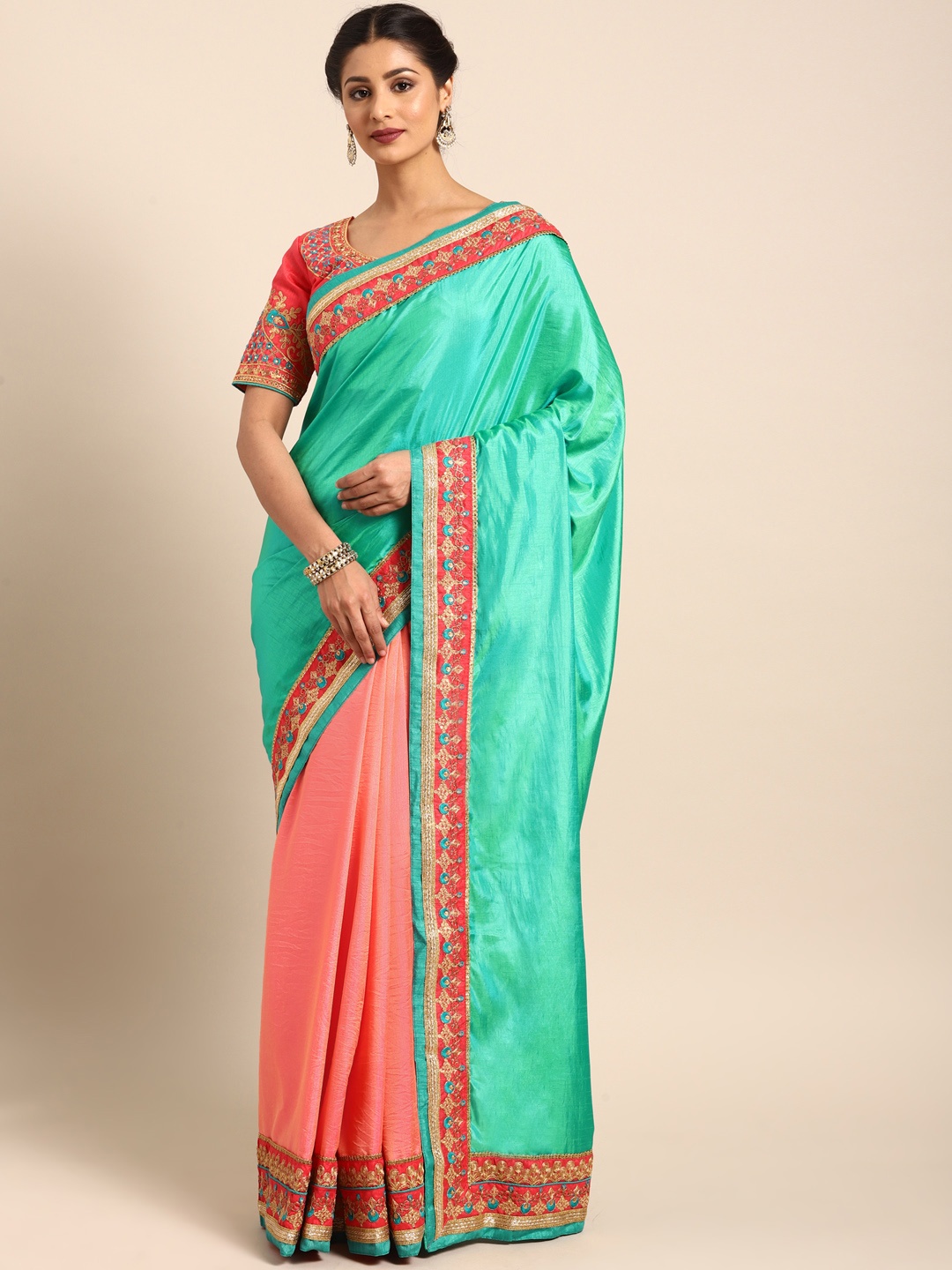 

Shaily Turquoise Blue & Pink Pure Silk Embellished Saree