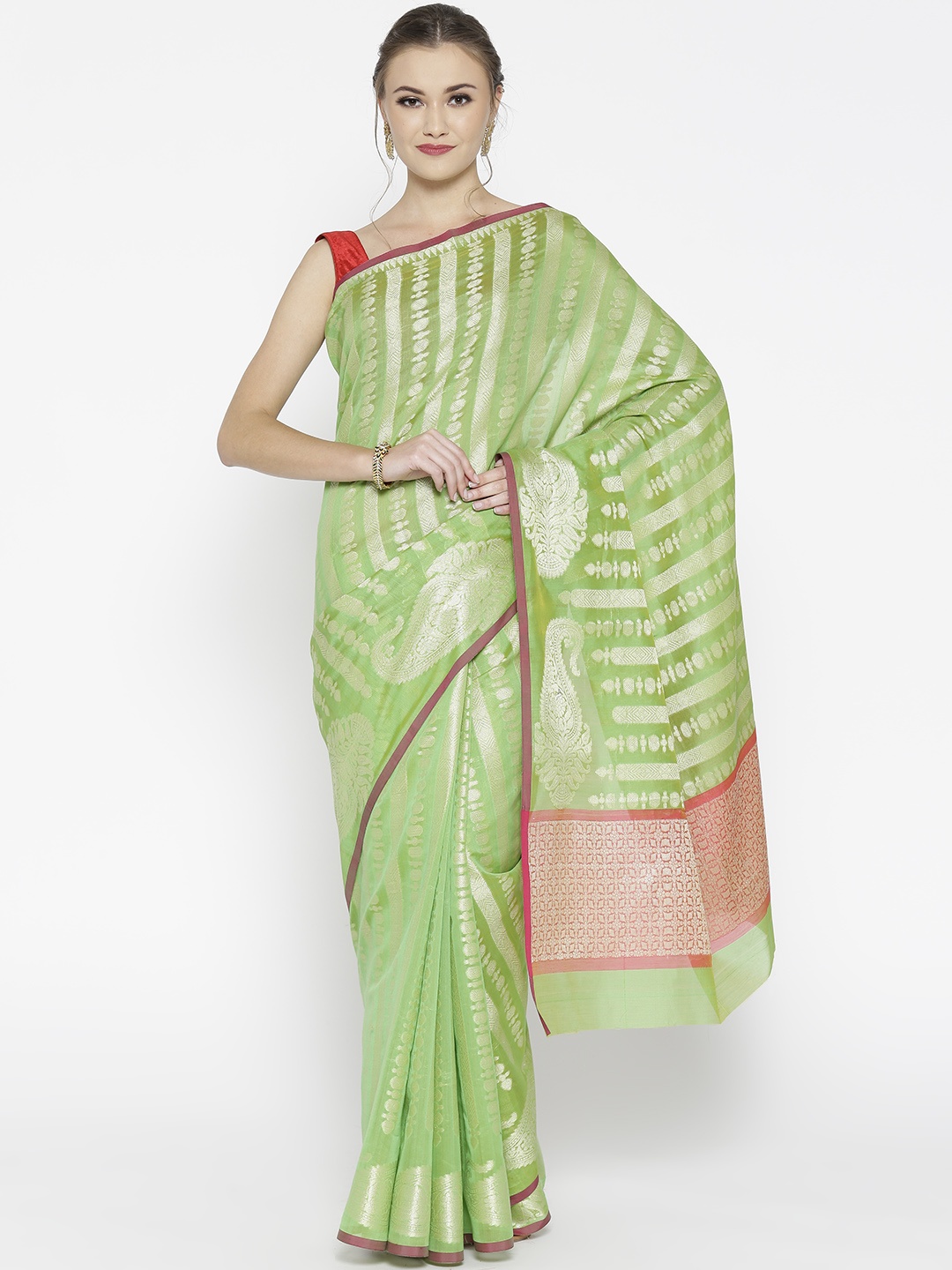 

Banarasi Style Green Cotton Blend Woven Design Banarasi Saree