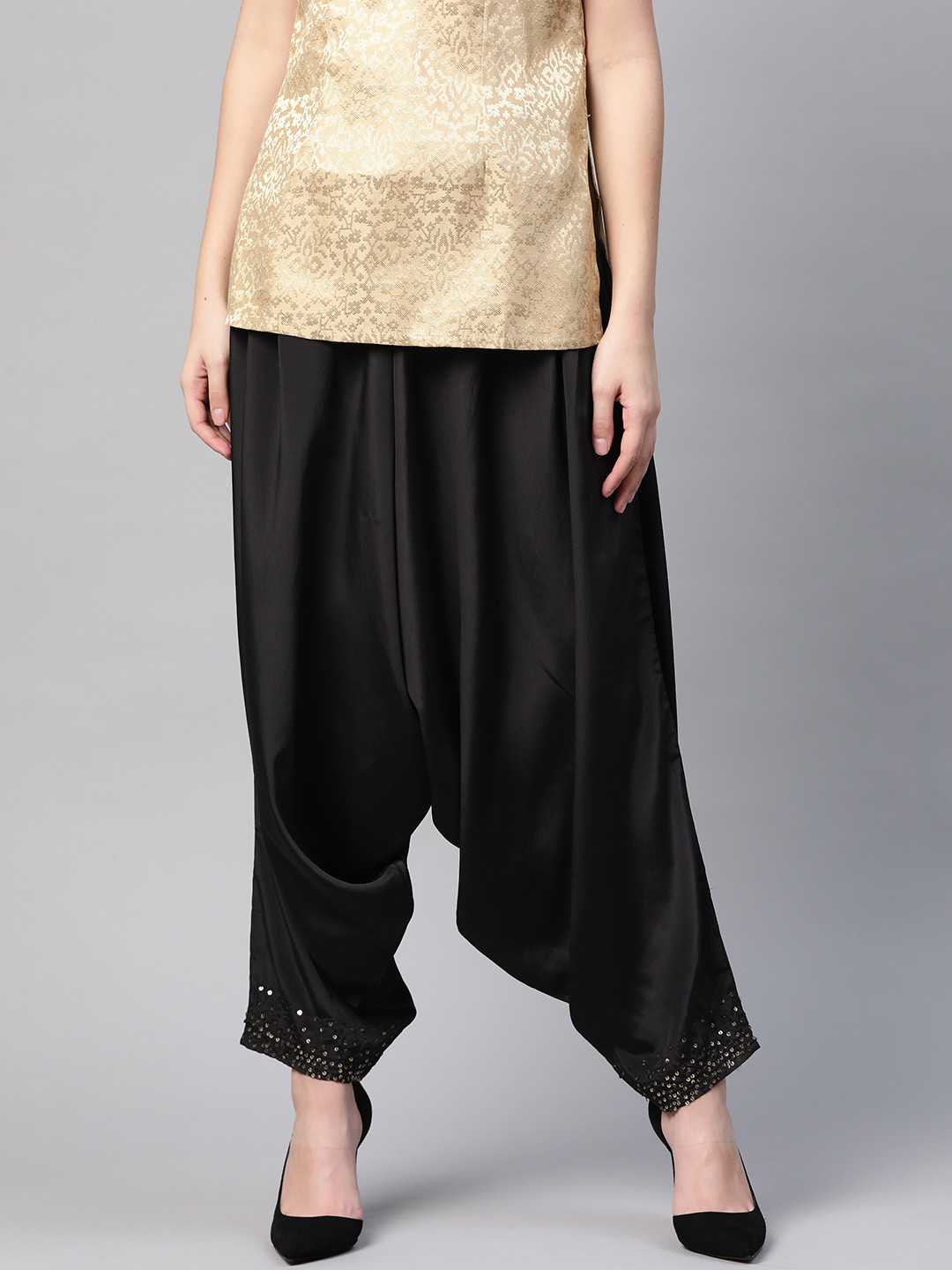 

WISHFUL by W Women Black Regular Fit Solid Drop Crotch Trousers
