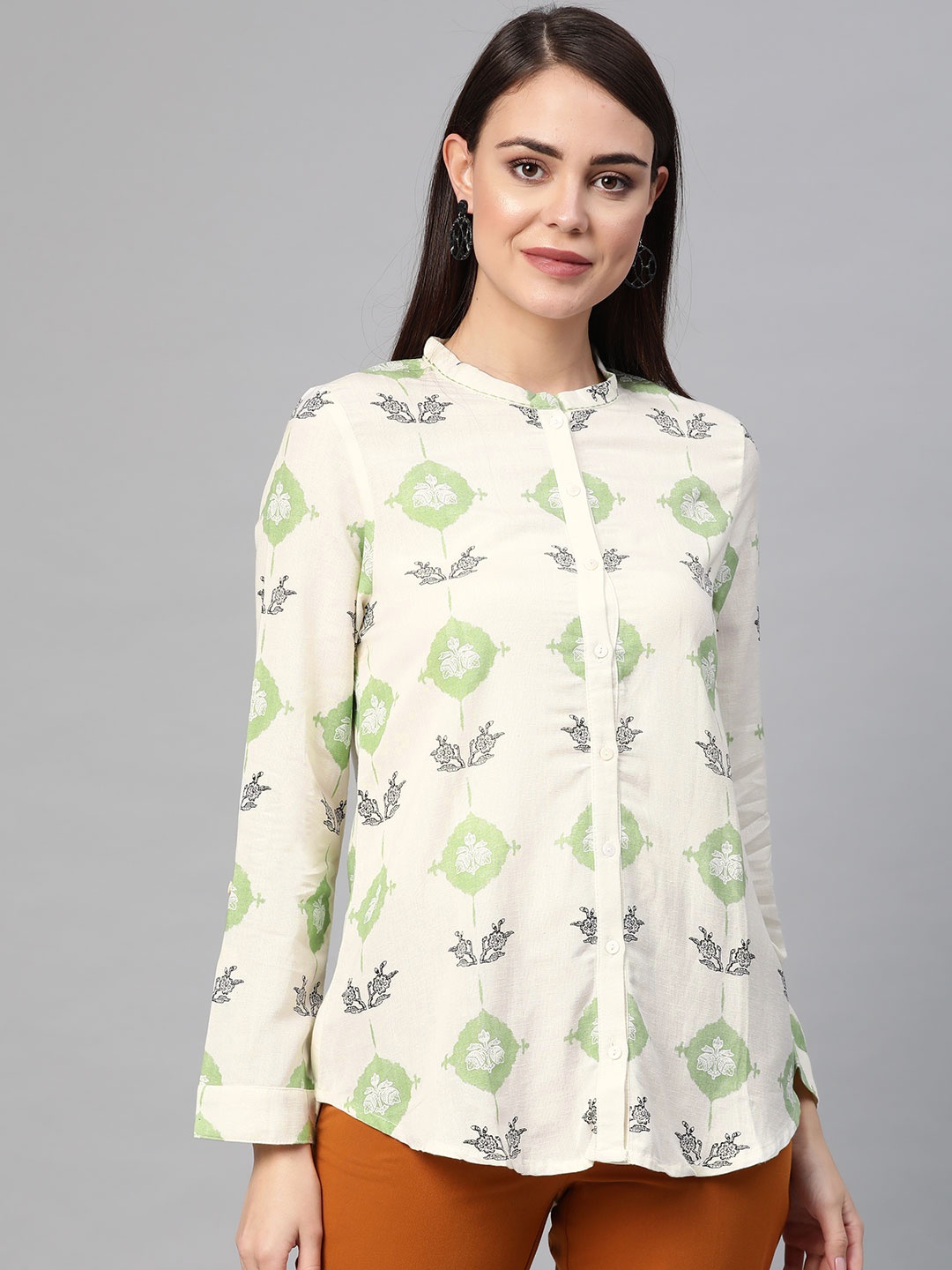 

W Women Off-White & Green Regular Fit Printed Casual Shirt