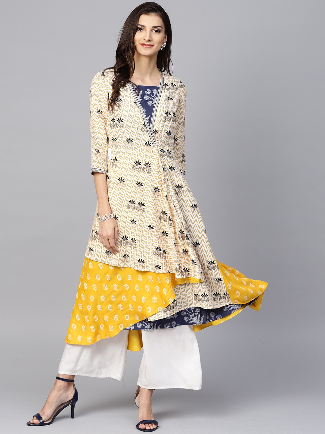 

W Women Off-White & Yellow Printed A-Line Layered Asymmetric Kurta