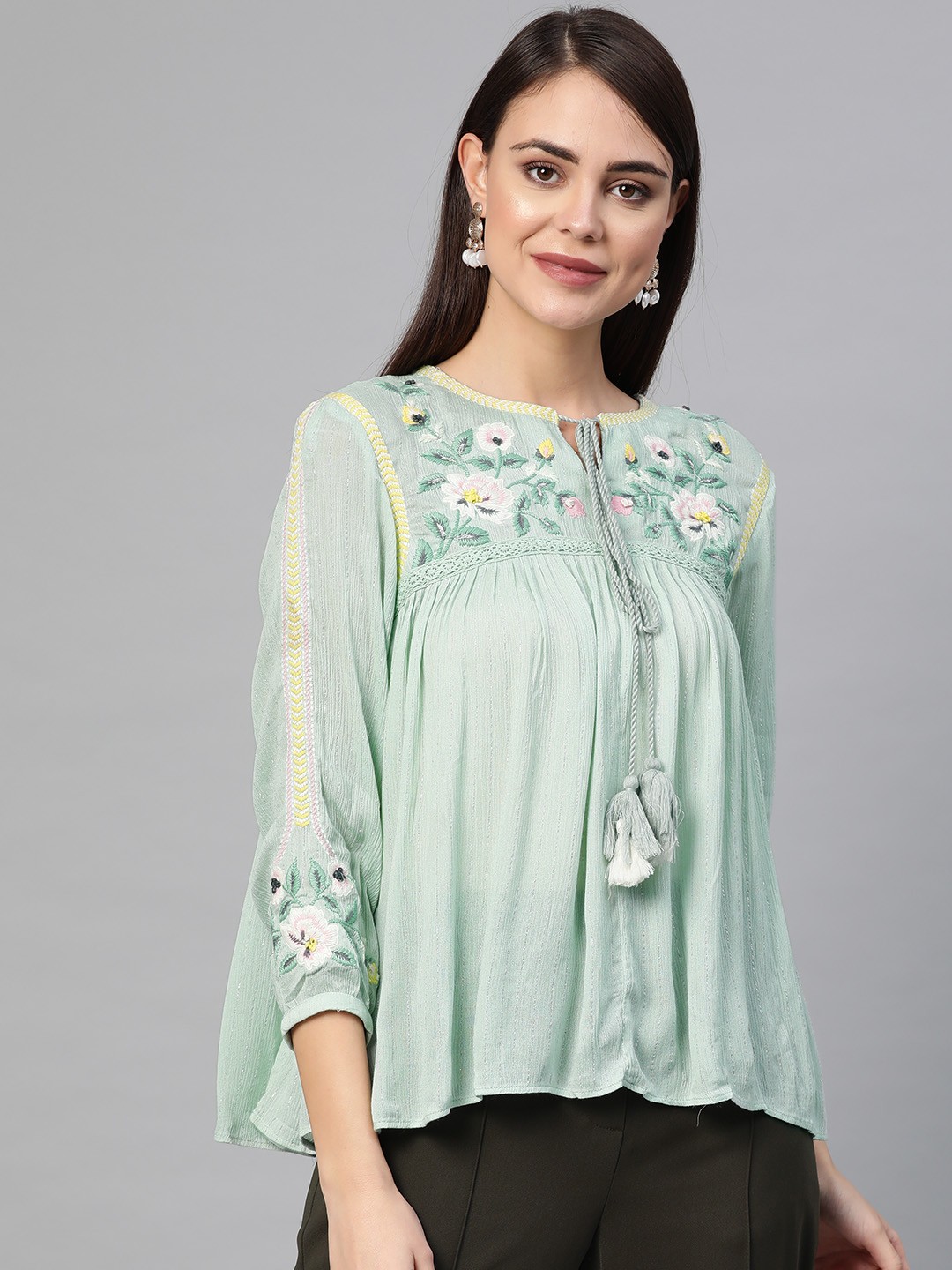 

W Women Sea Green & Silver Self-Striped A-Line Top
