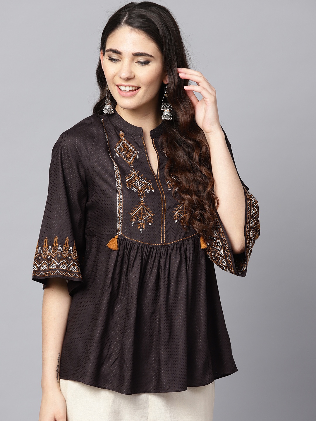 

W Women Brown Embroidered A-Line Top