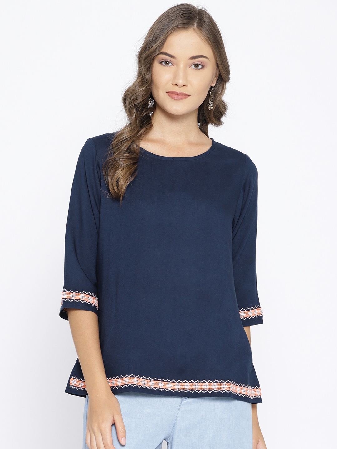 

Vaak Women Navy Blue Solid A-Line Top