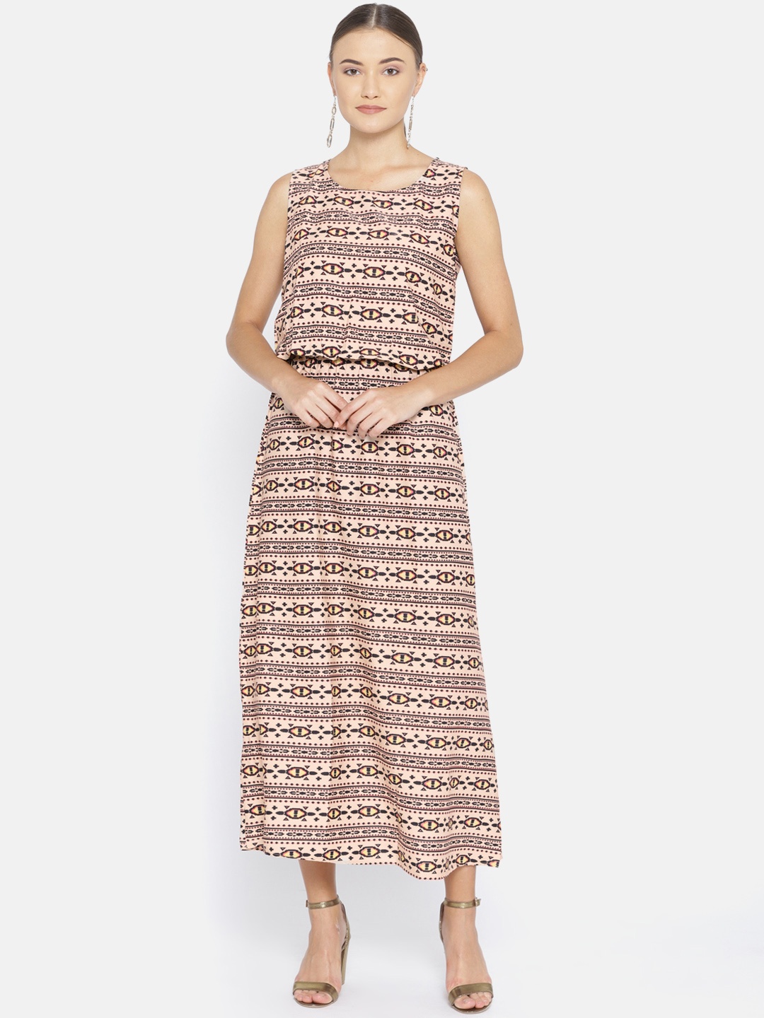 

Vaak Women Beige & Black Printed Maxi Blouson Dress