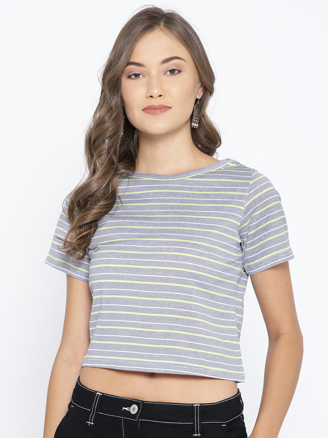 

Vaak Women Grey & White Striped Round Neck Crop T-shirt