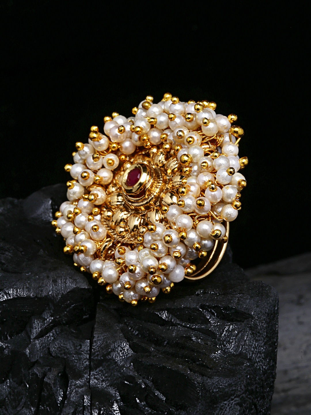 

PANASH Women Gold-Plated & White Pearls Statement Ring