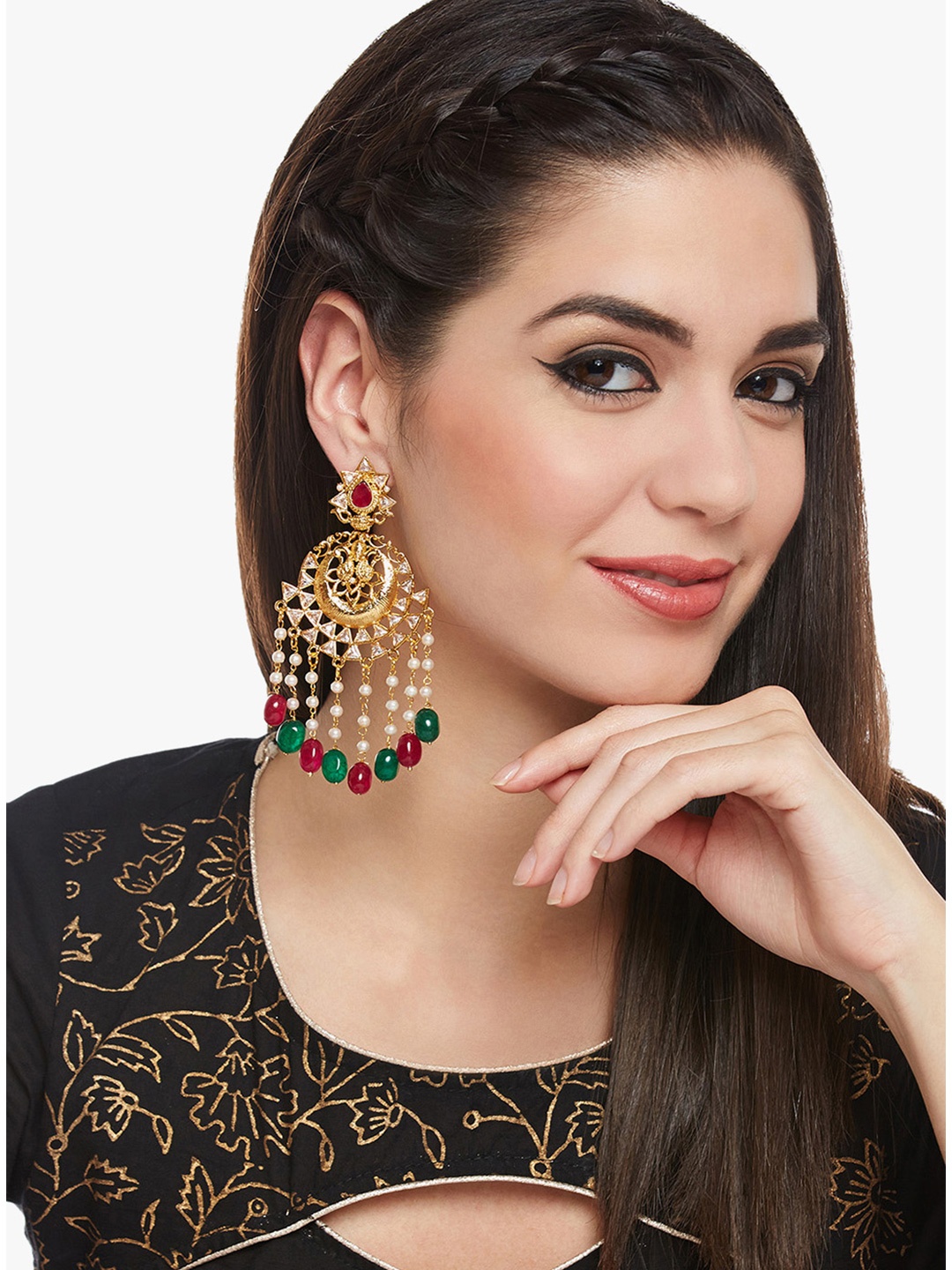 

PANASH Gold-Plated & Green Chandelier Pearls Studded Circular Drop Earrings