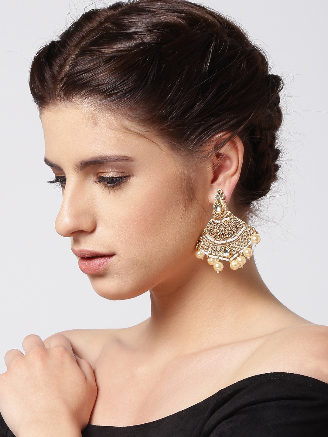 

PANASH Gold-Plated & White Handcrafted Pearls Studded Triangular Drop Earrings