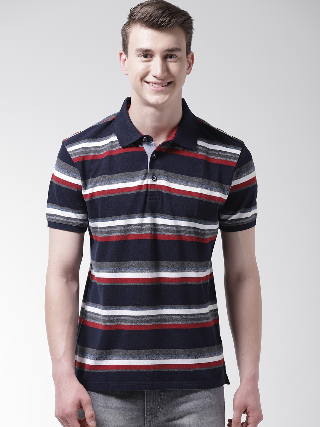

Marks & Spencer Men Navy Blue & White Slim Fit Striped Polo Collar T-shirt