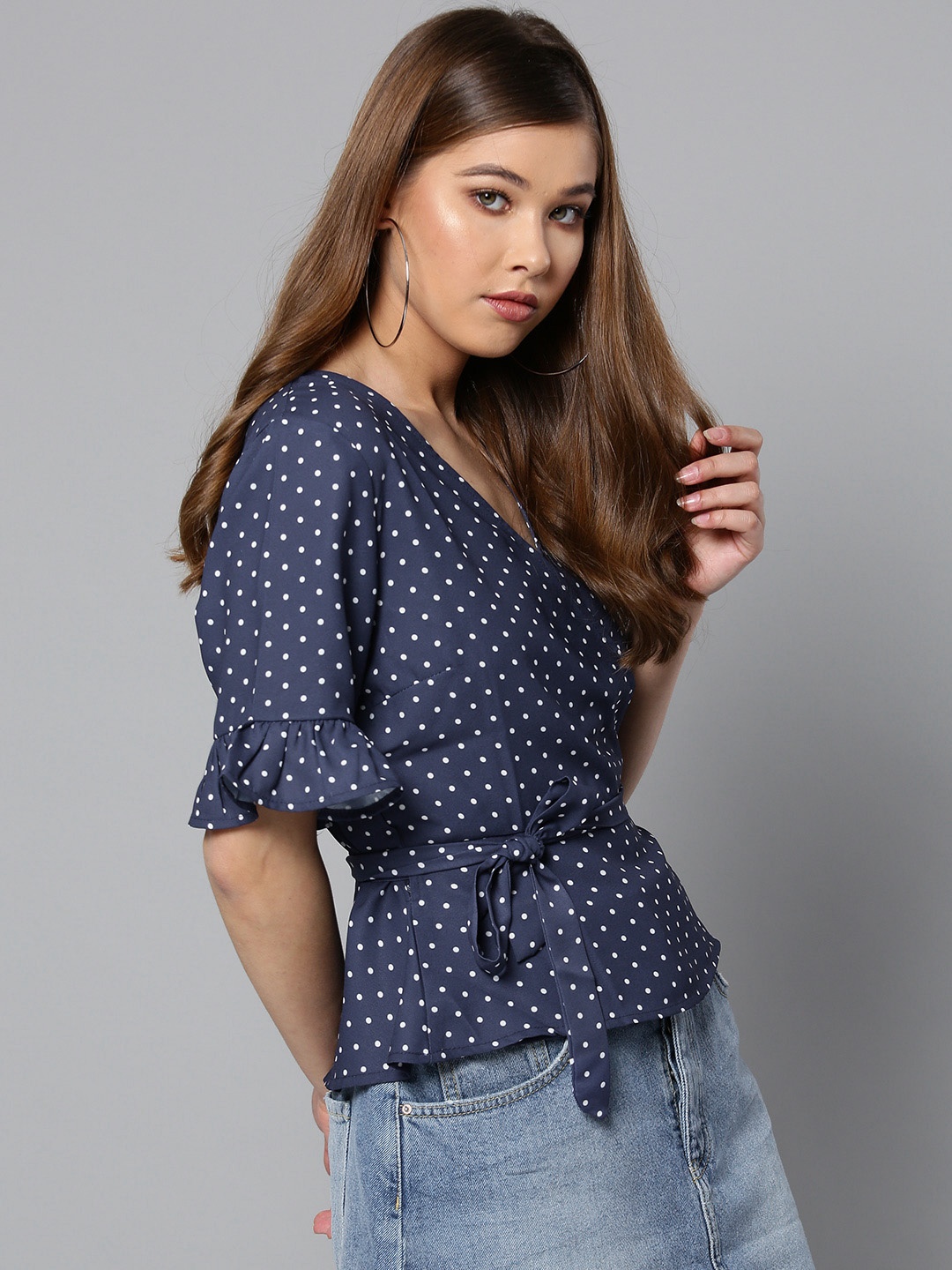 

Harpa Women Navy Blue Printed Wrap Top