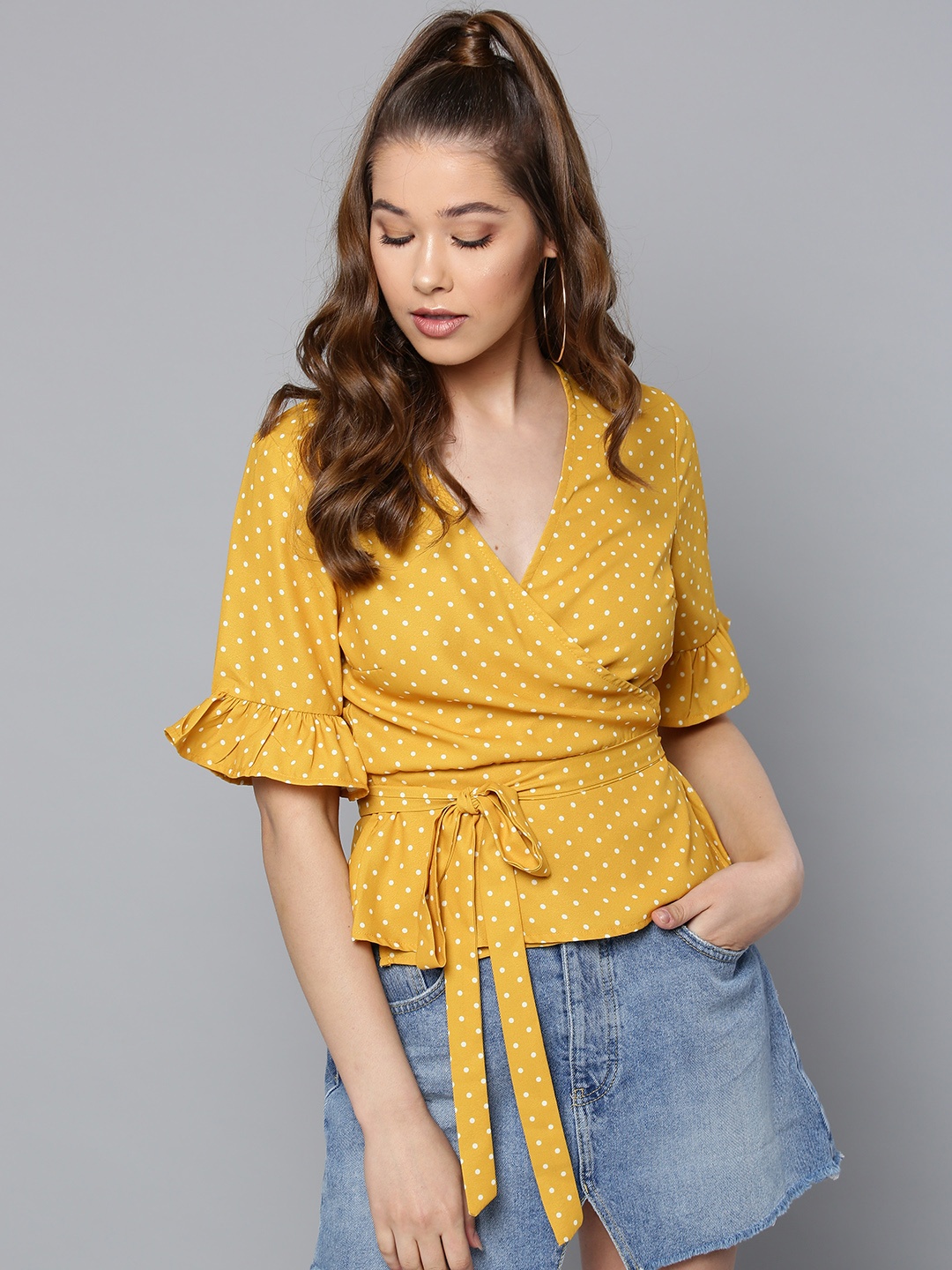 

Harpa Mustard Yellow Polka Dot Print Wrap Top