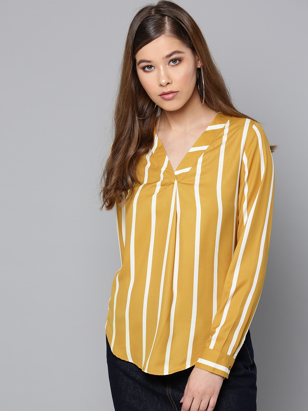 

Harpa Women Mustard Yellow & Off-White Striped Top