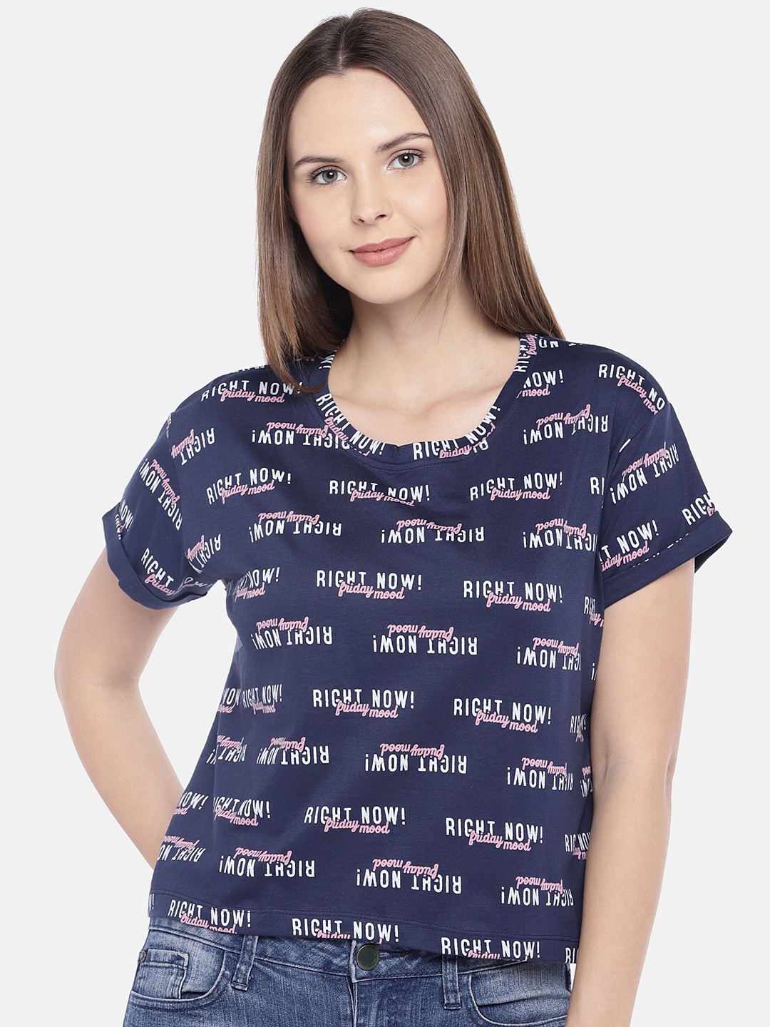 

Globus Women Navy Blue Printed Round Neck T-shirt